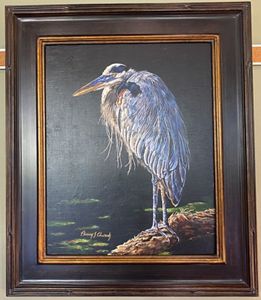 'A Light in the Dark' by Penny Edwards: oil on canvas depicts a great blue heron at night.