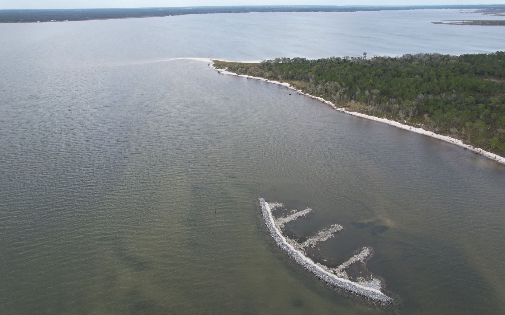 Aerial view of Escribano point, which separates East and Blackwater Bays.