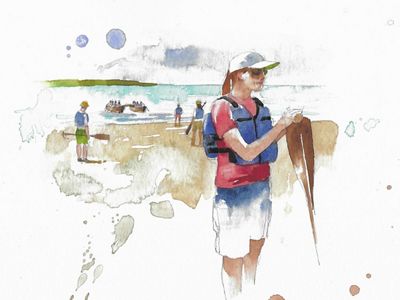 An illustration of people with paddles stand on the shore as a vessel with eight people paddle in the water.