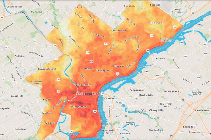 A map of Philadelphia showing areas in need of trees in red and yellow.
