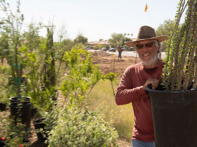 A man poses with a large plant in a black plastic pot that he's preparing to plant in the ground.