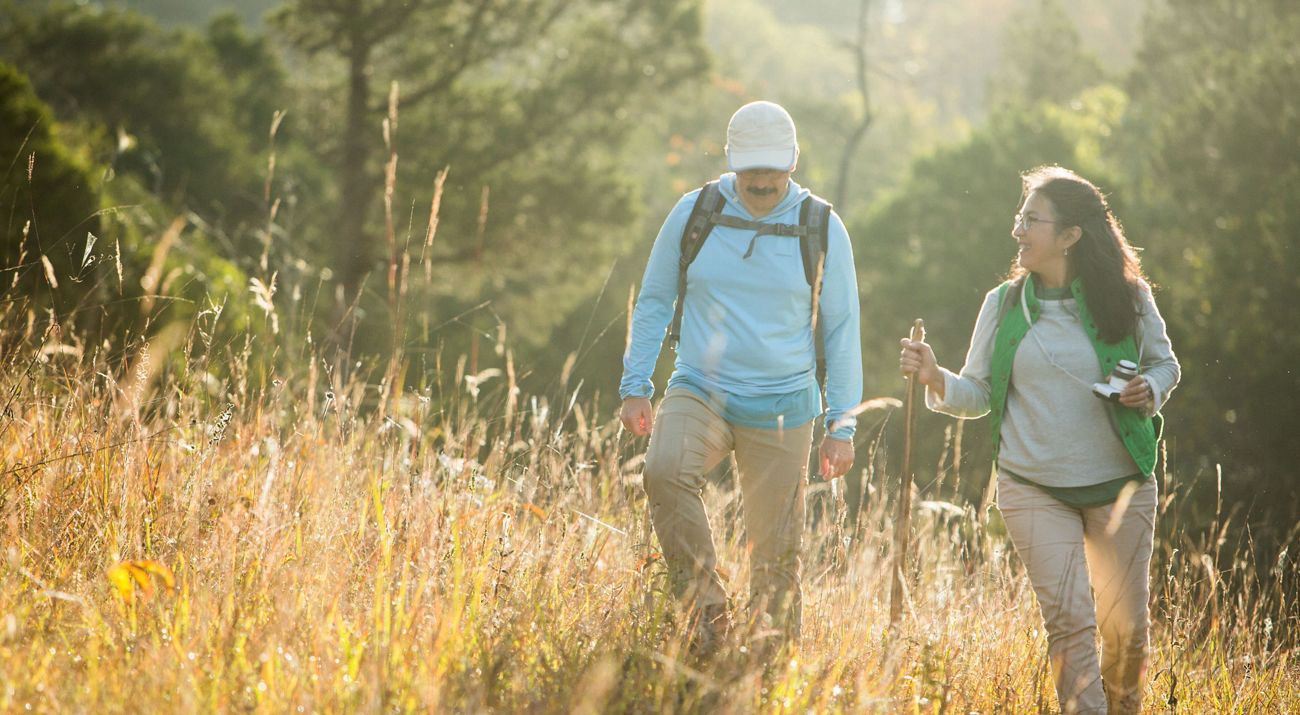 A couple walks through a meadow.