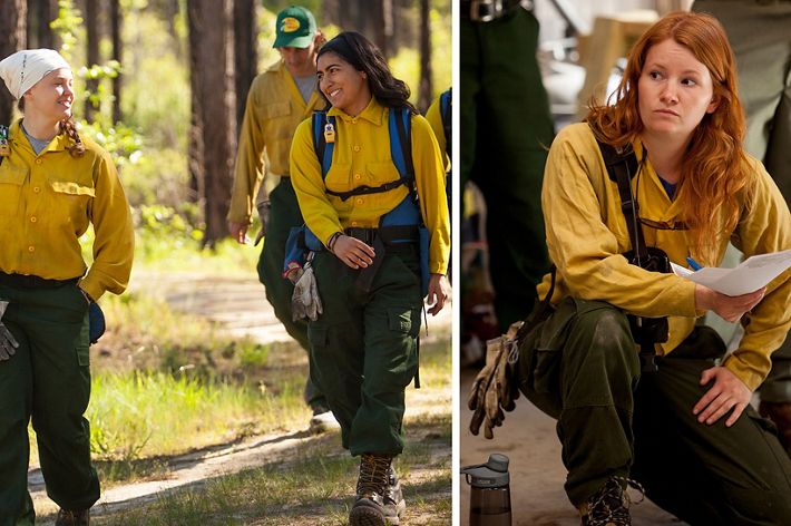 Two photos combined to create a single image showing women participating in a controlled burn, walking together through a forest and listening during a morning briefing.