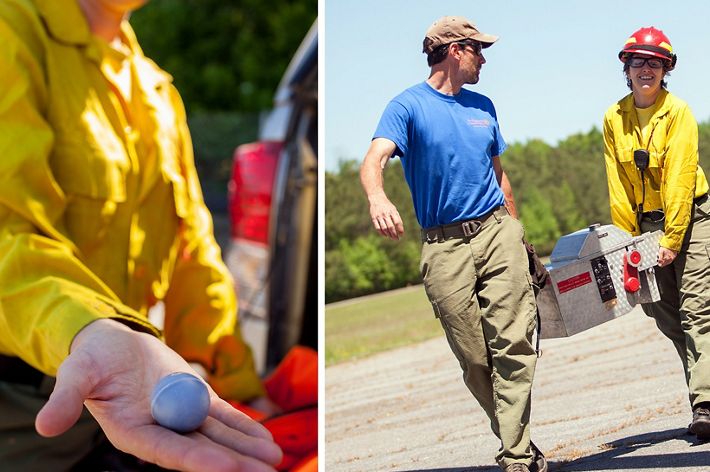 Two photos combined to create a single image. On the left, a person wearing a yellow shirt holds out their hand, showing a small gray ball. On the right, two people carry a large metal container.