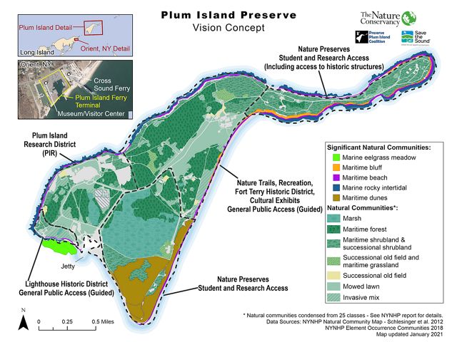 A graphic map of the concept map of Plum Island, showing future areas of natural restoration. 