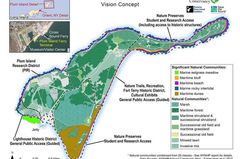 A graphic map of the concept map of Plum Island, showing future areas of natural restoration. 
