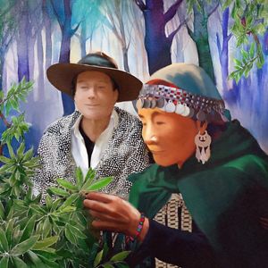 Artwork depicting a Mapuche elder looking at a plant with another person looking on.