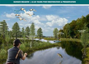 A man fishing in a pond on a sunny day. This is a render showing what Sunken Meadow will look like 10 years dam removal.
