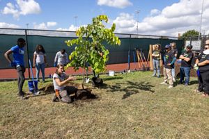 Ian Ross from PowerCorps PHL kneels next to an unpotted tree to demonstrate to volunteers how to plant trees in the ground.