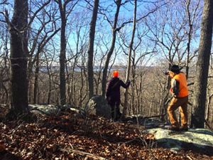 Two hikers, one with an orange hat and the other with an orange vest, stand on a rocky outcrop in the bare winter woods, looking at a body of water in the distance.