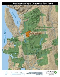 Map of Tiverton RI showing conserved lands in green and the newly protected property in orange.
