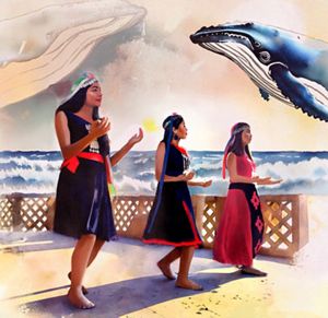 An illustration depicting a humpback whale jumping out of the water with women in ceremony on the shore.