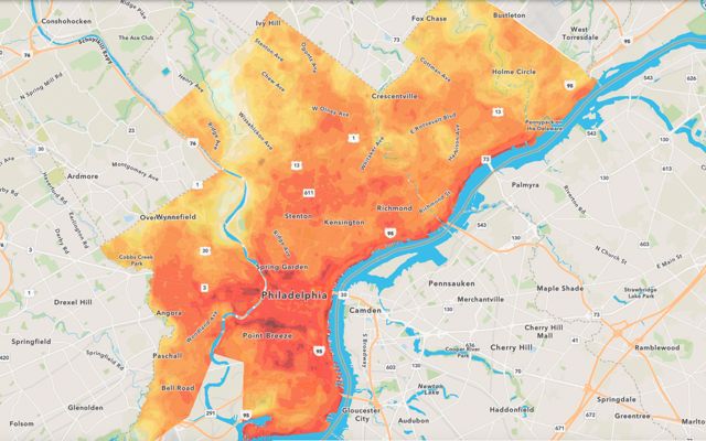 A map of Philadelphia showing areas in need of trees in red and yellow.