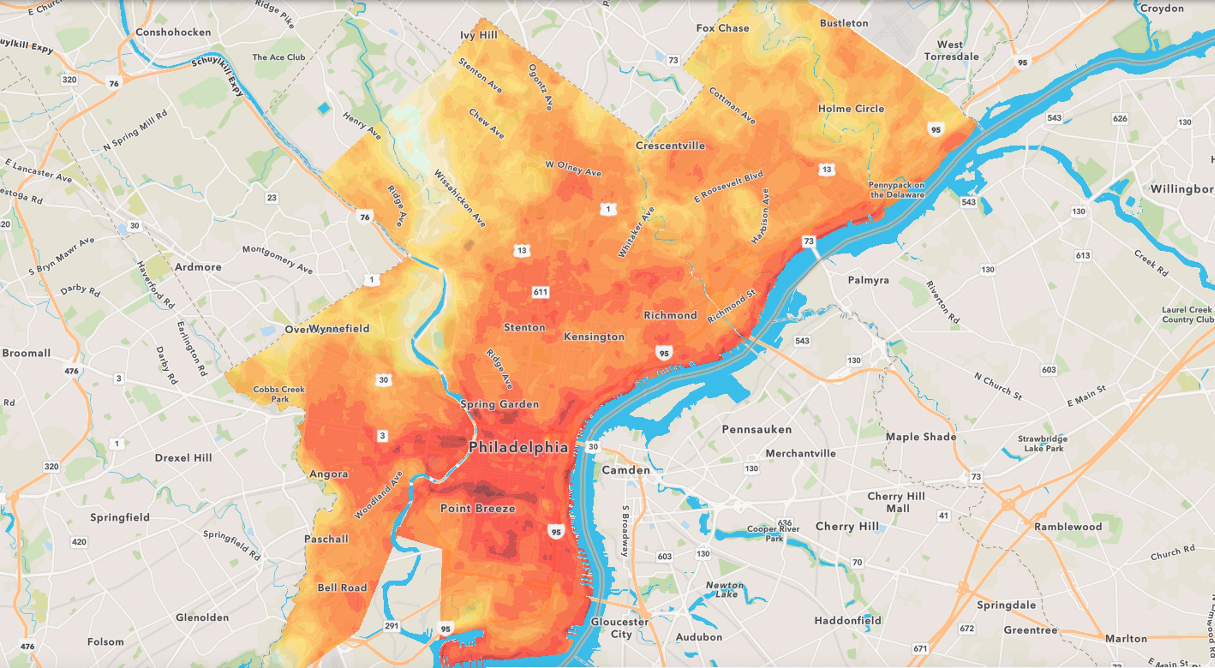 A map of Philadelphia with red and orange overlays.