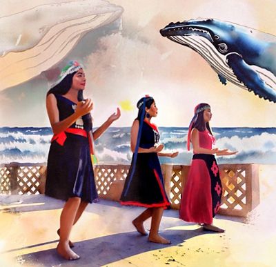 Ilustración que representa a tres mujeres indígenas con ropa tradicional mapuche, a la orilla de una playa, y en el cielo -de color similar a la arena- se ven las siluetas de dos ballenas.