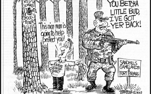 Cartoon representing the military's commitment to protecting Red-cockaded woodpeckers.