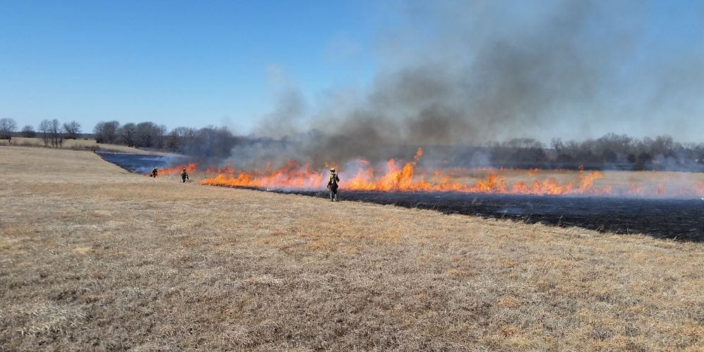 Long line of fire moving across a prairie field with firefighters watching.