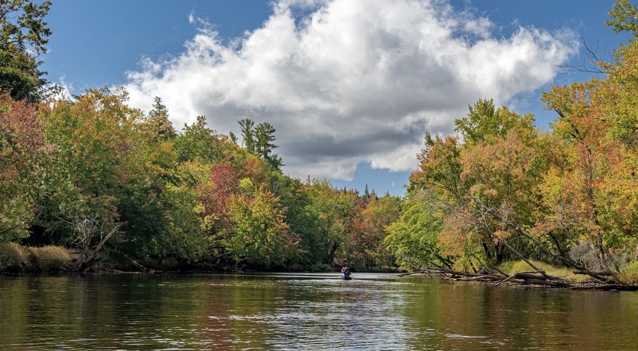A view of someone kayaking on Raquette River surrounded by fall-colored trees.