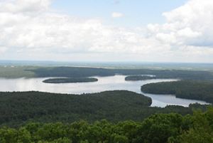 A scenic overlook of trees surrounding a lake.