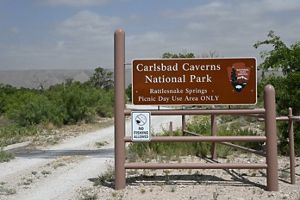 A large sign before a road reading Carlsbad Caverns National Park; Rattlesnake Springs Picnic Day Area Use ONLY.