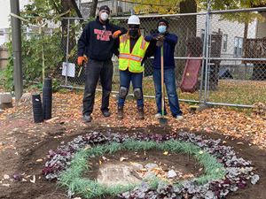 Three people stand in a dirt yard in front of a circle of newly planted shrubs.