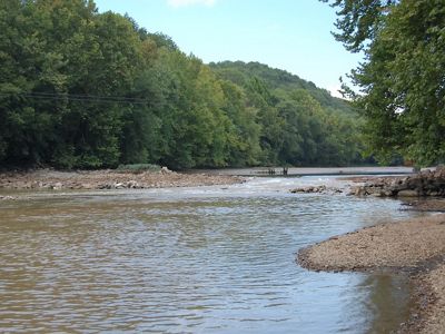 A river meanders past a small beach and through a forest.
