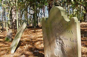 Three headstone sit in a row in a clearing covered in pine needles. The marker in the foreground has a large gap on its face where the stone has weathered away.