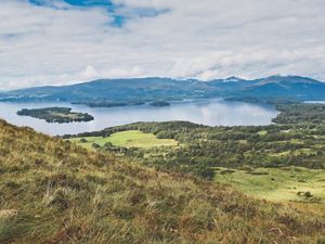 Oak woodlands and rolling hills of Scotland's Loch Lomond.