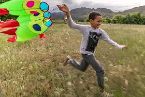A smiling boy flies a kite 