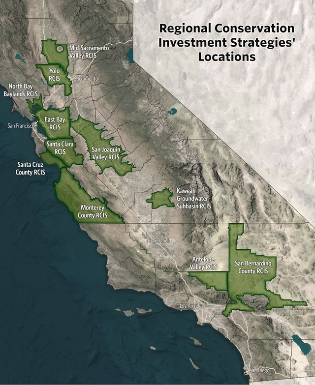 Map of the state of California with a focus on the locations of Regional Conservation Investment Strategies.