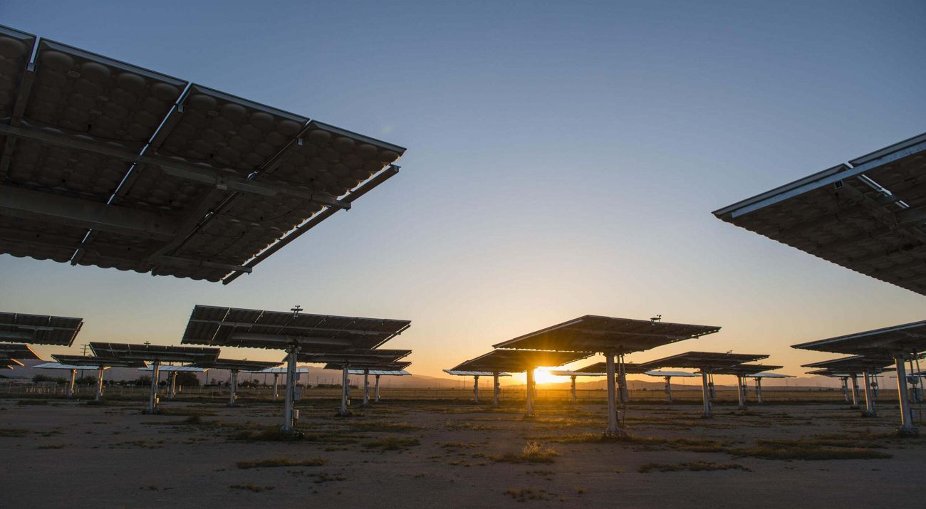 A collection of solar panels are installed in the ground with sunset in the distance.