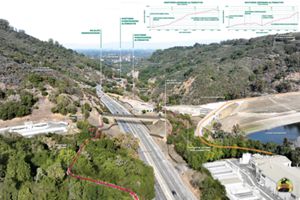 Image with labels showing landmarks and elements of a proposed wildlife crossing over a highway that is passing through a gap between two hillsides with a valley in the distance.