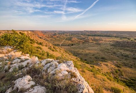 A vast expanse of orange canyons dotted with green brush and white rocks.