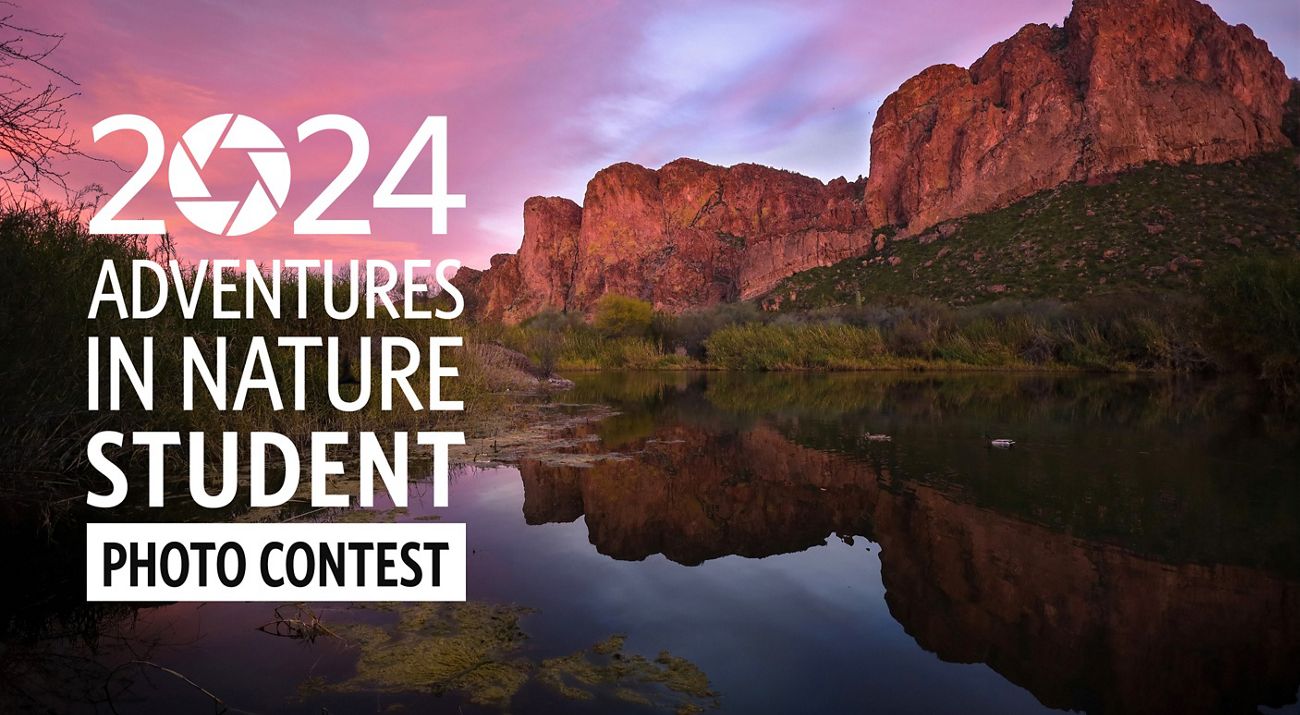 View of the Salt River during sunset with "2024 Adventures in Nature Student Photo Contest" graphic on the left side of the photo.