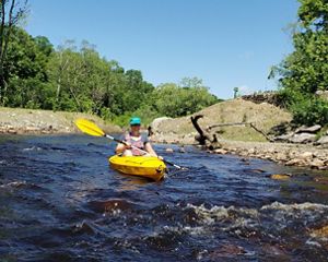 A woman kayaks down the Mill River toward the camera.