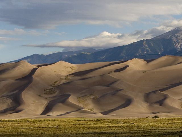 Giant, sweeping, golden sand dunes rise from a grassy plain, with mountains in the background.