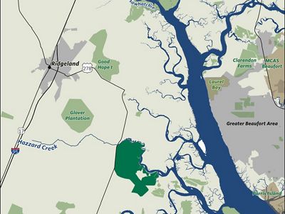 Map showing Broad River and protected properties in Lowcountry.