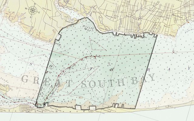 A map of Great South Bay with a box highlighting Bluepoints.
