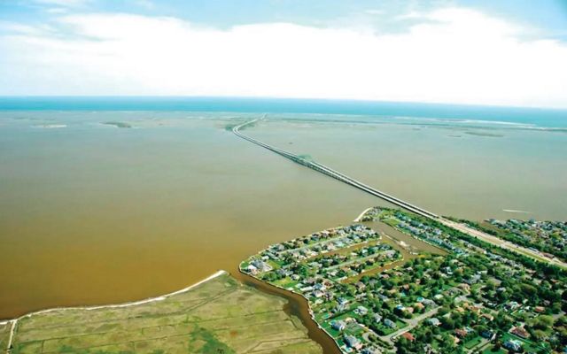 An aerial view of South Bay polluted with brown tide.