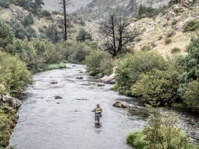 Man fishing in a freshwater river.