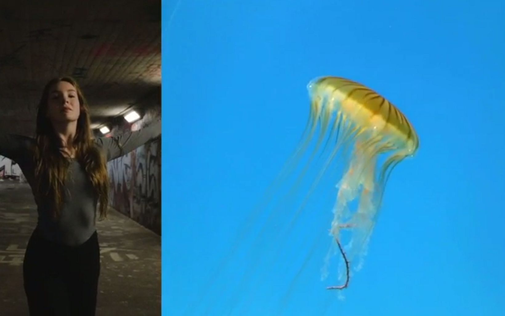 A split image with a woman standing in a graffiti-covered tunnel on the left and a yellow jellyfish floating in blue water on the right.