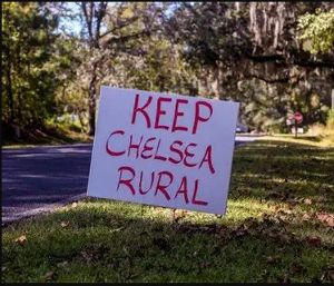 A homemade sign is posted along the roadside, reading in red capital letters: Keep Chelsea Rural. A green tree canopy of oaks and Spanish moss shades the road ahead. 