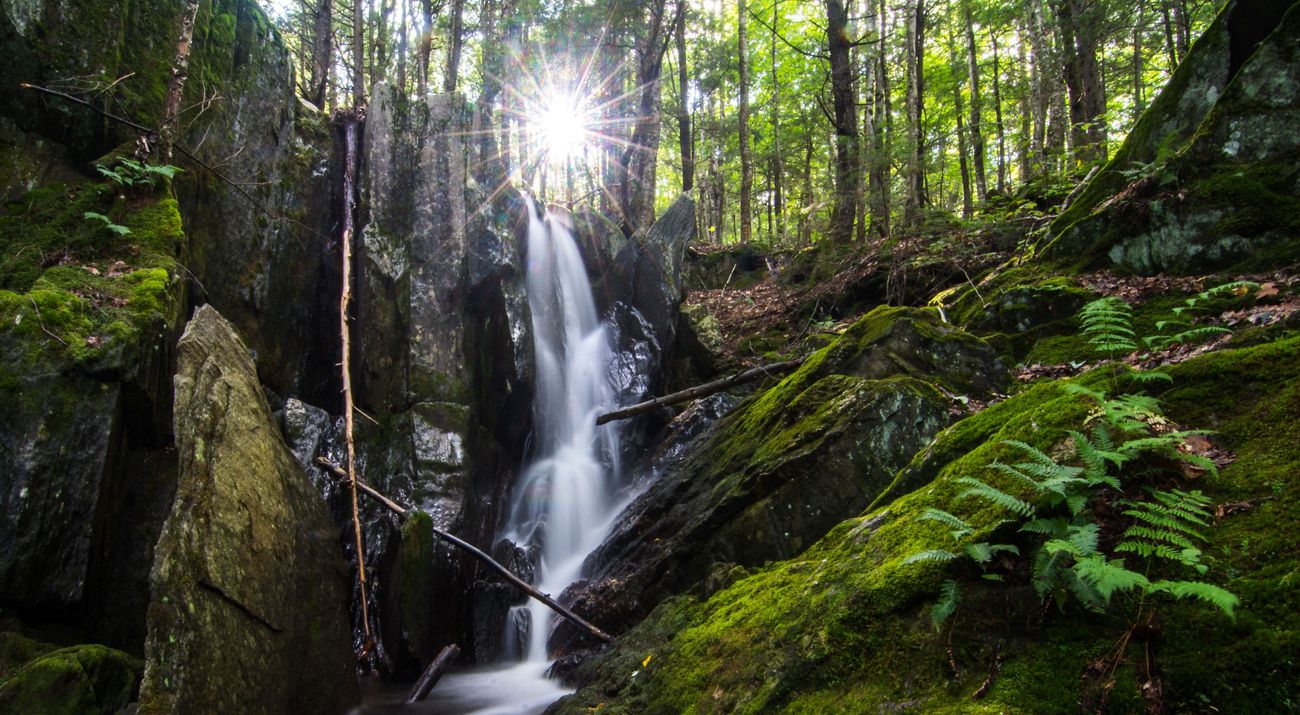 A small waterfall plunges down the side of a rock at TNC's Surry Mountain Preserve.