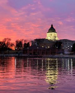South Dakota Capitol building at sunset.