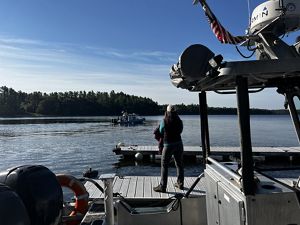 A woman with her back to the camera stands on a boat on a sunny day.