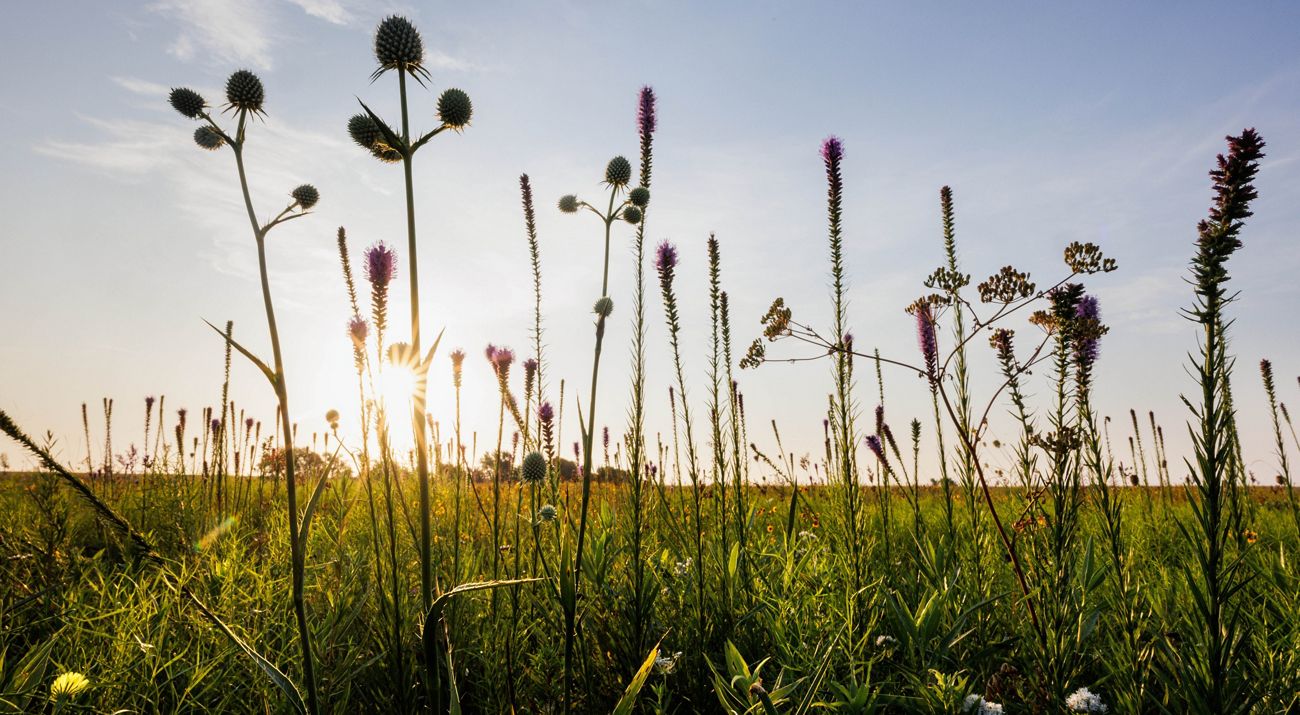 Sunlight shines through tall purple prairie flowers in a field of green grass and yellow blooms.