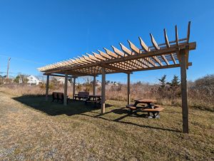 A shaded picnic area with two tables and two benches. 