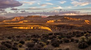 Late afternoon panorama view of rocky outcroppings.