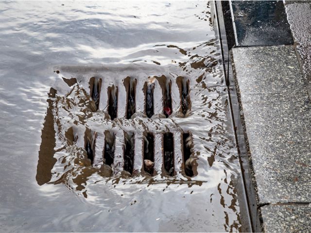 Water flowing over a storm drain.