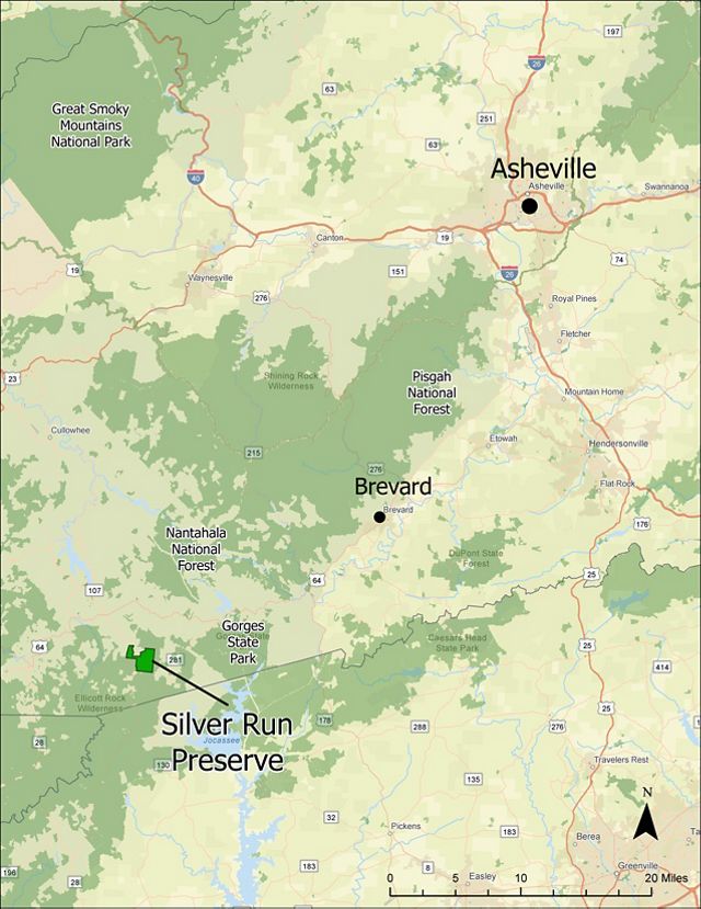 Map of the Silver Run Preserve, located southwest of Asheville, North Carolina.
